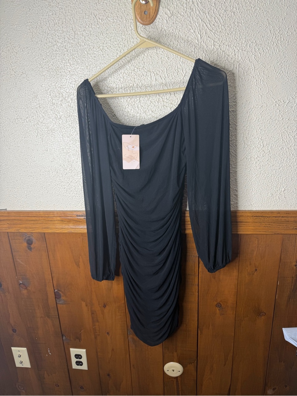 Black Ruched Long-Sleeve Women's Dress